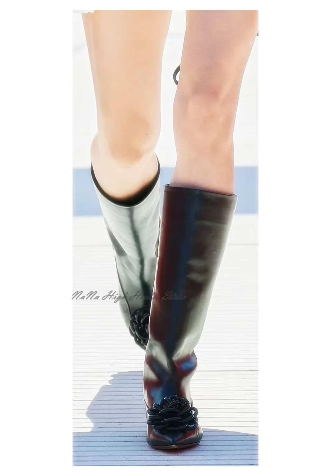 Luxury Leather Flats Floral Pointed Toe Boots Lady Street Fashion Show Knee High Slip on Boots Women Shoes Dress