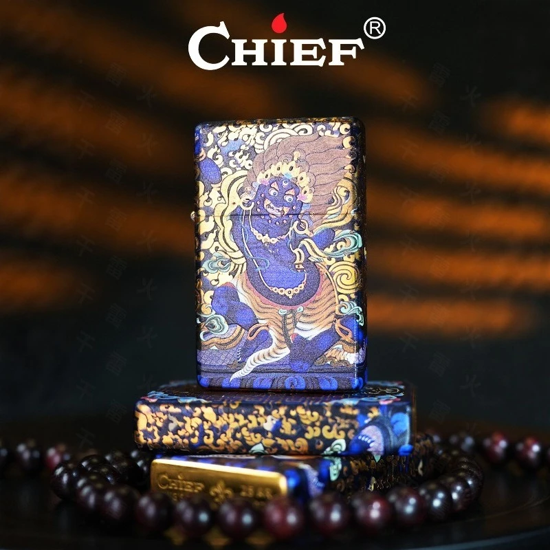CHIEF God of Wealth Five sided Color Printing Kerosine Lighter Classic Grinding Wheel Ignition Fashion Trend Ultra thin Lighters