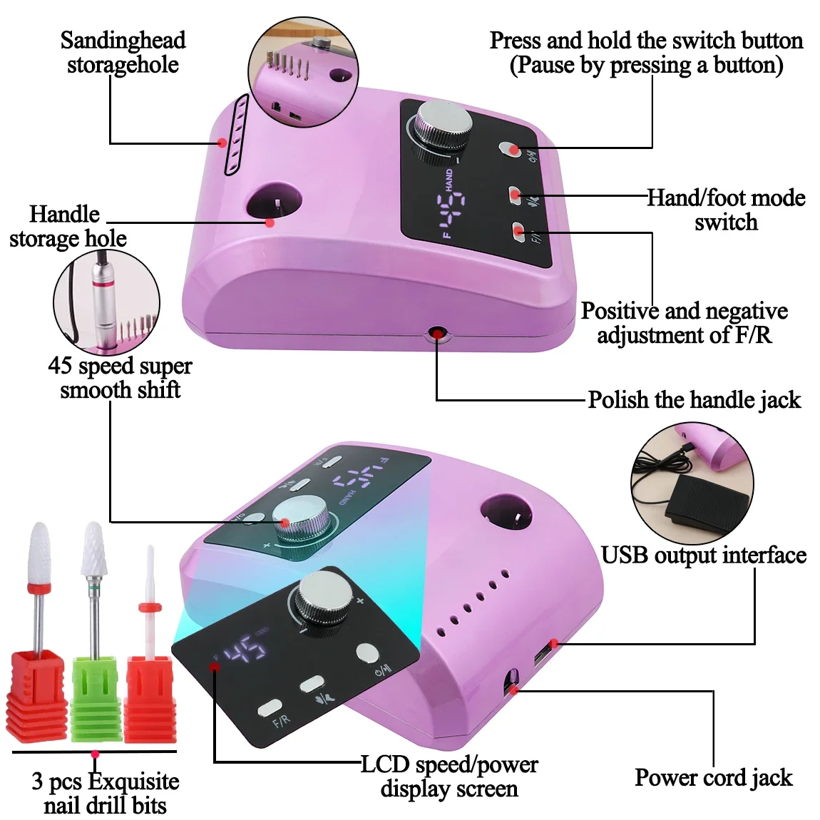 ใหม่ 45000RPM มืออาชีพเครื่องเจาะเล็บไฟฟ้าชุด 3 ชิ้นดอกสว่านเล็บเล็บซาลอนอุปกรณ์เครื่องขัดเงาเครื่องมือ