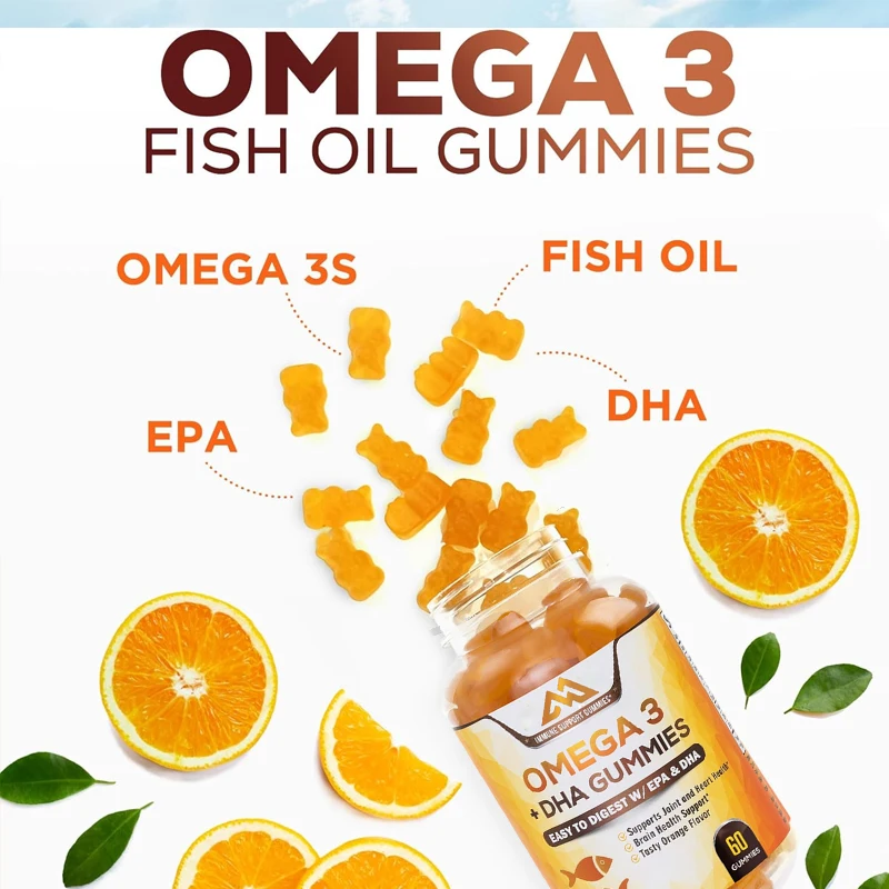 Omega 3 fish oil gummies, heart healthy DHA and EPA, joint and brain support, natural vitamins, 60 orange flavored capsules