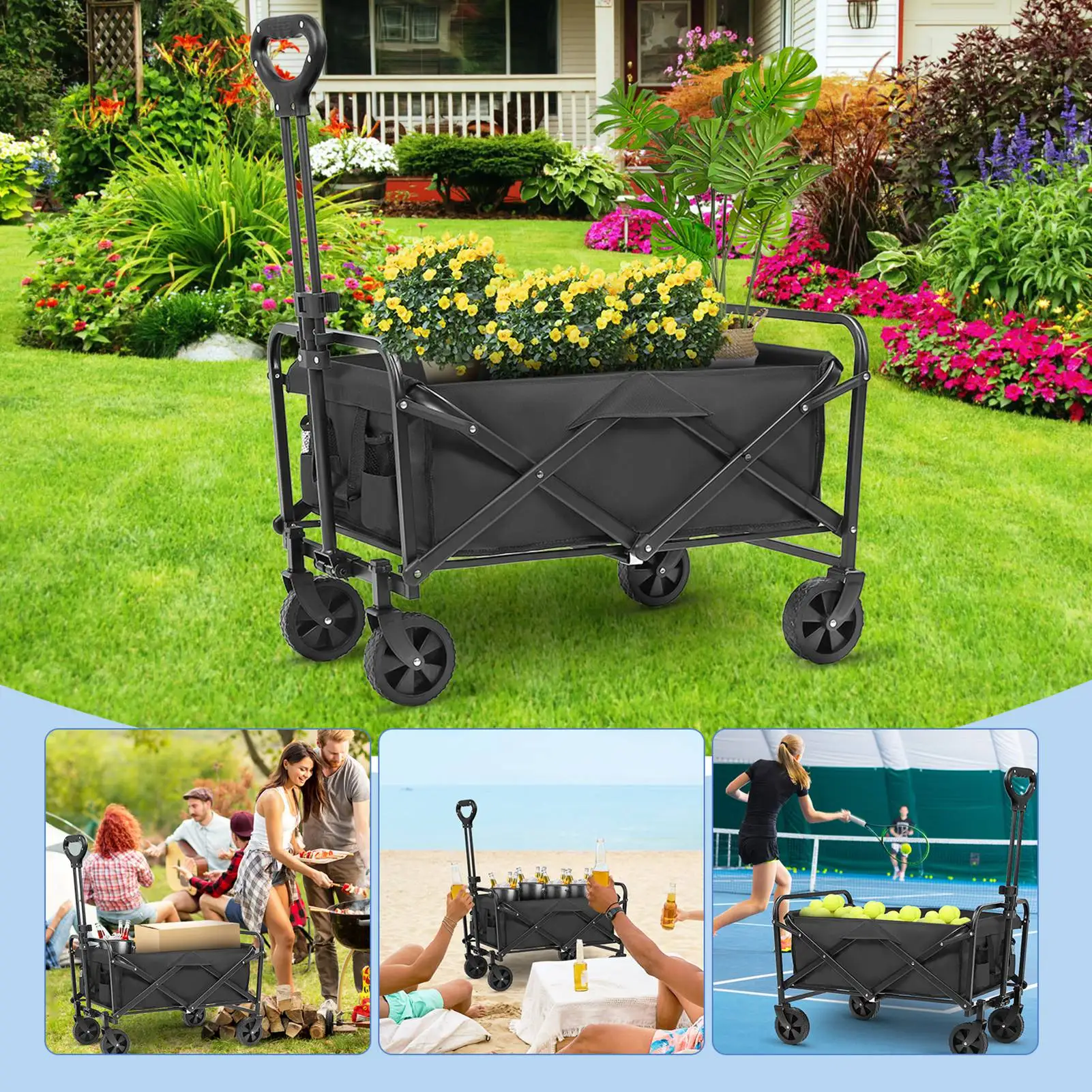 

All Terrain Wagon Beach Wagon Foldable All Terrain Wagon Cart with 5 Inch Big Wheels for Sand Camping Sports Outdoor Black
