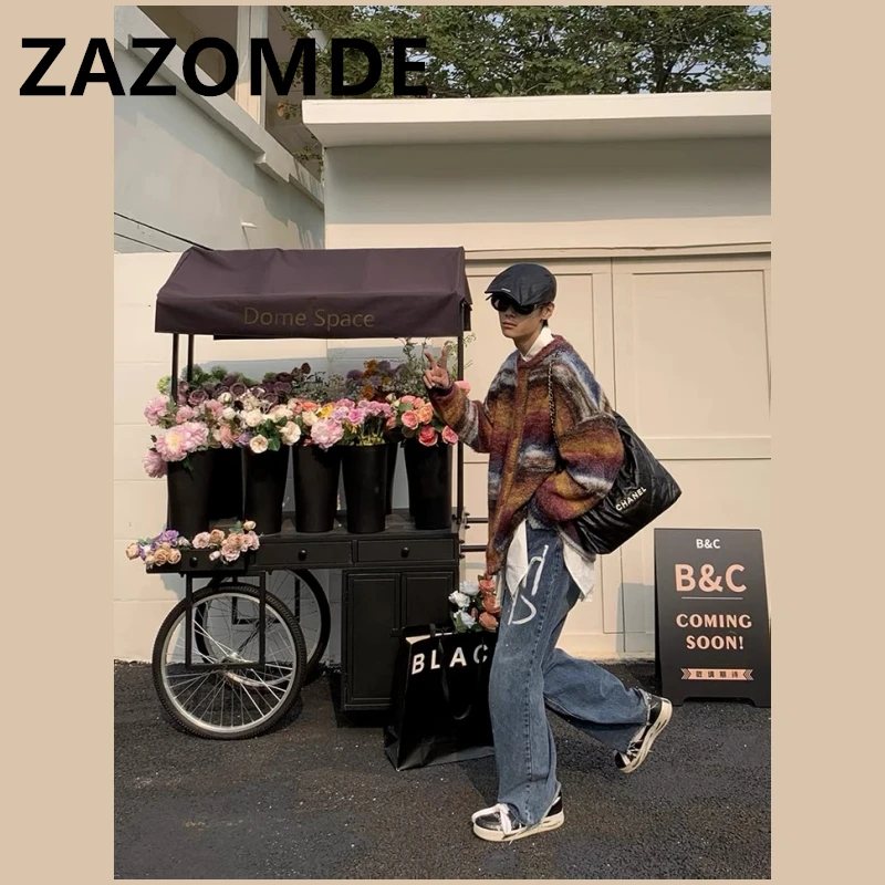 ZAZOMDE Winter Colorful Cardigan Sweater Stripe Rainbow Knitted Button Coat Fashion Contrast Color Sweater Coat Y2K Couple Tops