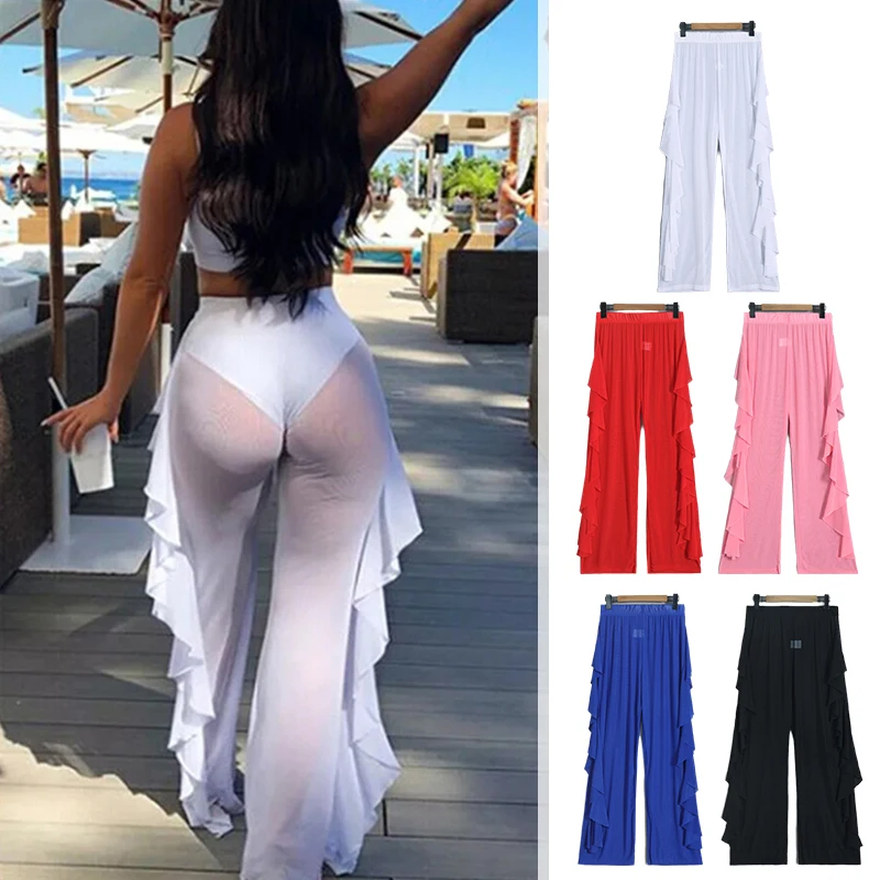 Lady Ruffles Beach Pants Lotus Leaf Edge Casual Sexy Mesh Perspective Pants Summer Thin See Through Beach Vacation Pants