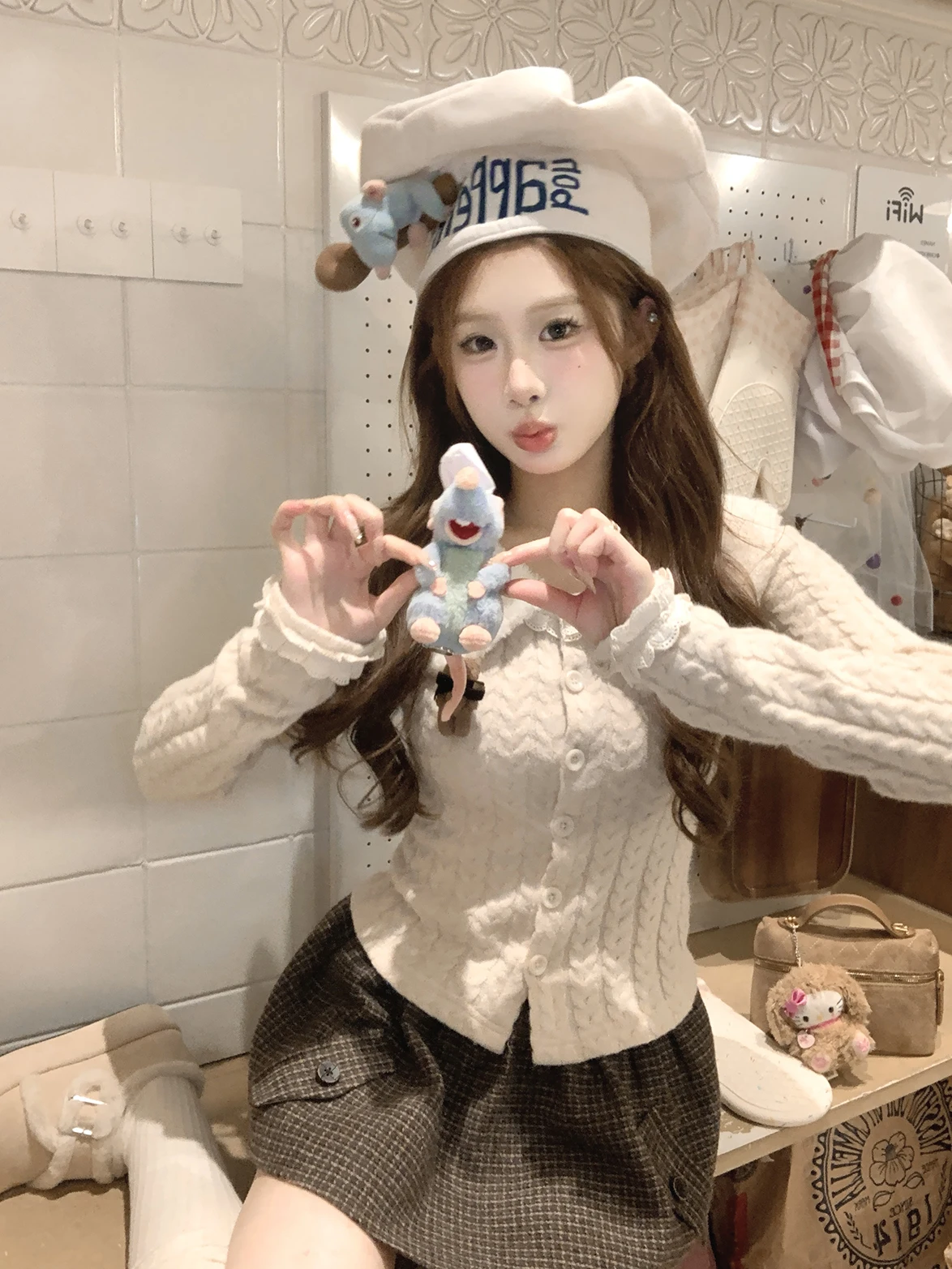 

Вязаный комплект Mochi Sweetheart: юбка и топ с отстегивающимся воротником, облегающий, для осени и зимы, модный женский ансамбль