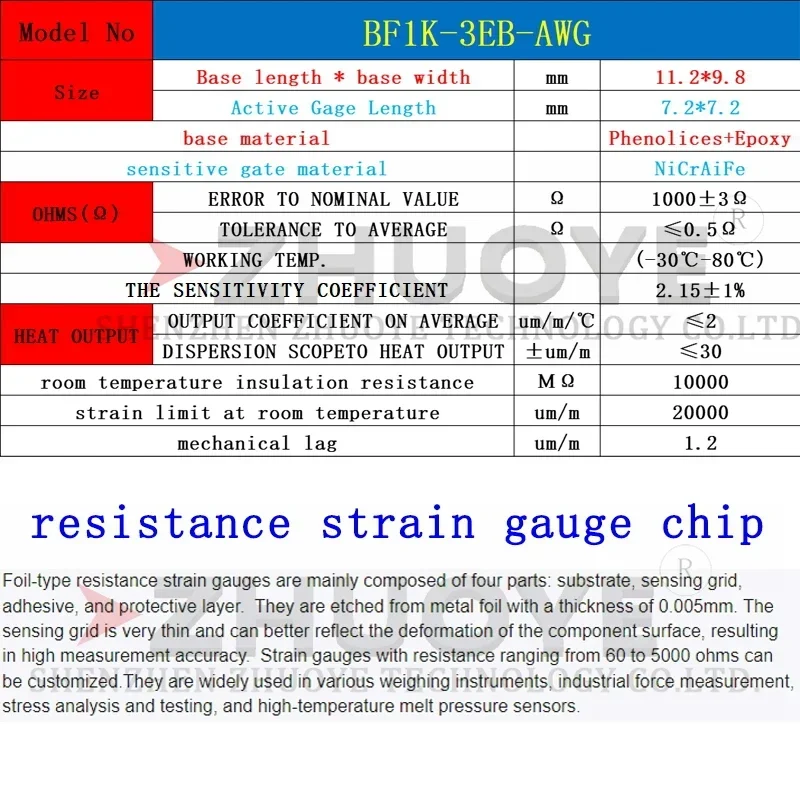 10pcs STRAIN GAUGES weighing Pressure Sensor BHFBF1K-3EB-AWG Full Bridge Strain Gauge Foil 1000 ohm Strain Gauge High Precision