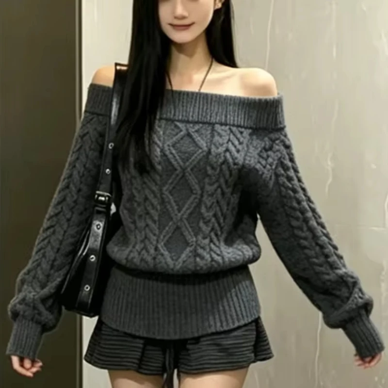 Y2K Style Fashion Harajuku Off Shoulder Off Shoulder Knitwear Autumn Commuting Lazy Style Waist Closing Sweater Women's Clothes