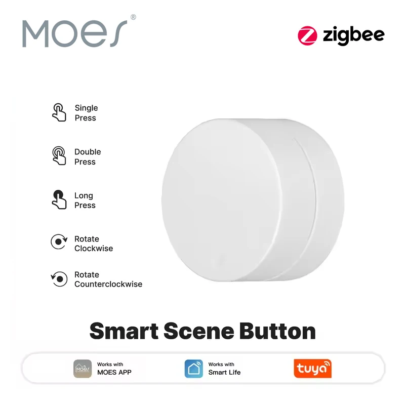 MOES Tuya ZigBee Smart Scene Switch Rotary Button Wireless Controller Battery-Powered Automation Scenarios Support SmartLife App