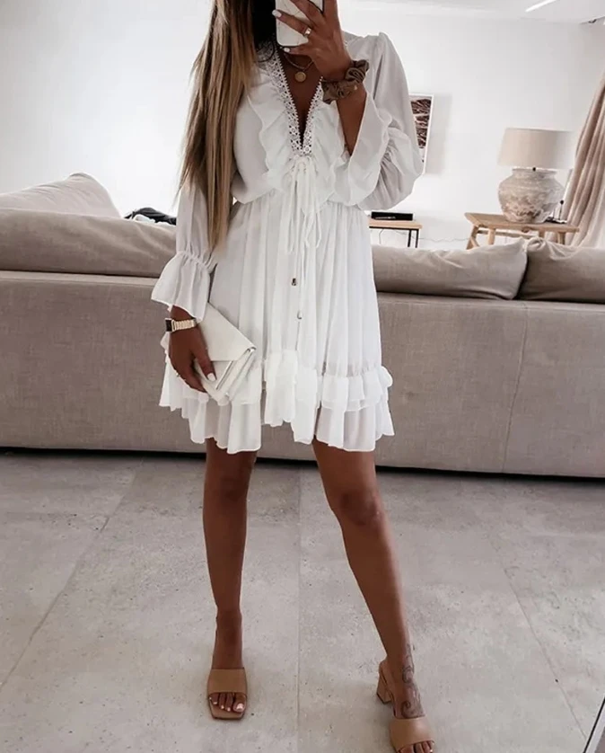 

Sexy Elegant Dresses for Women New Fashion 2024 Summer Autumn Spring Casual Lace Trim Ruffle Hem Plunge Chiffon A Line Dress