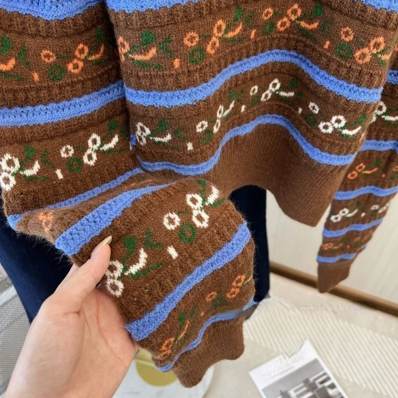 Korean Retro Round Neck Sweater Women 2024 Autumn New Contrast Stripe Short Pullover Fashion Long Sleeve Knitted Sweater