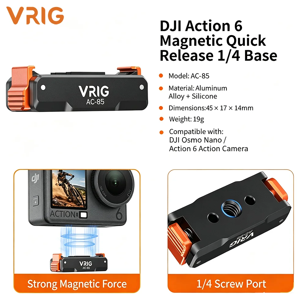 VRIG AC-85 magnetische adapter met snelkoppelingsmechanisme voor DJI Action 6 Osmo Nano, aluminium camerabasis met 1/4"-schroef, inclusief accessoires.