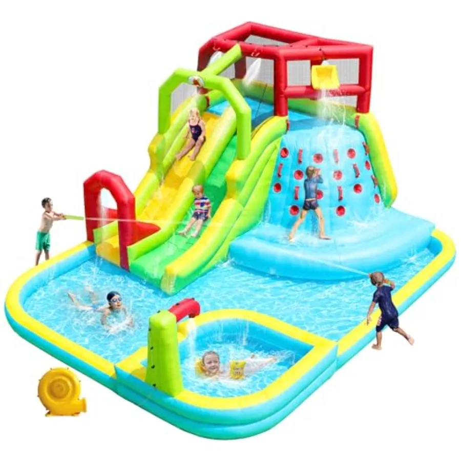 Inflatable Water Slide Park for outdoor use, PVC material, blue and yellow color, includes deep pool and air blower for quick i