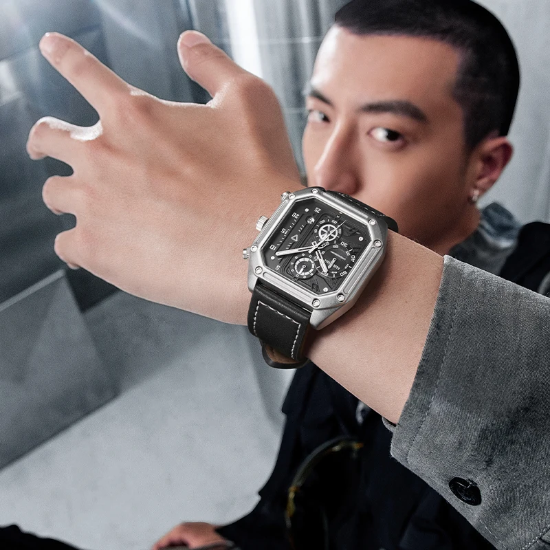 Mark Fairwhale Luxury Mens Quartz Watch Fashion Leather Strap Multifunctional Square Wristwatch for Men