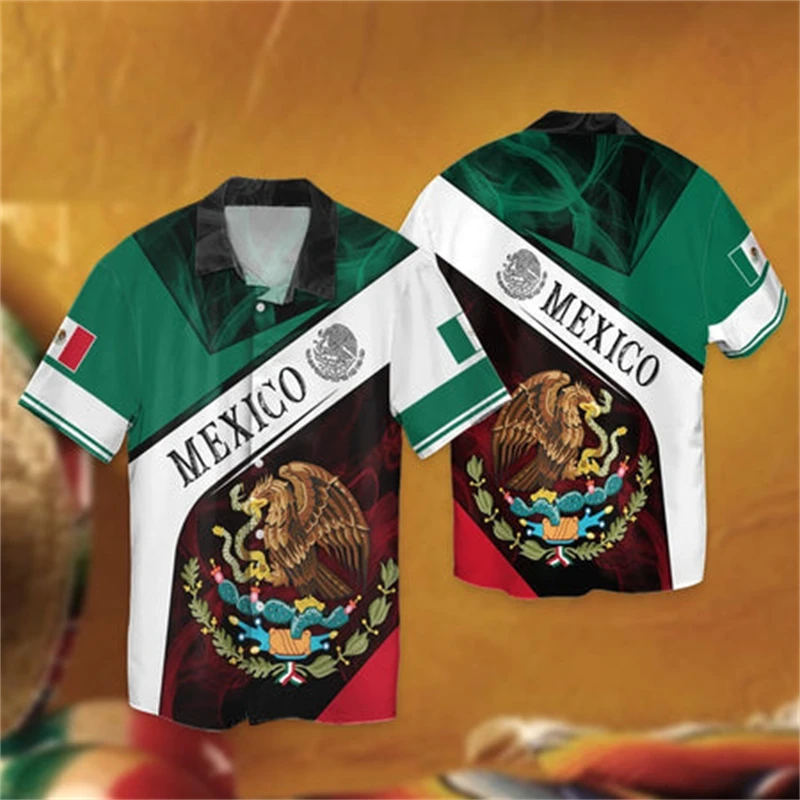 

Mexico Flag 3D Printed Shirts For Men Clothes Casual Mexican National Emblem Graphic Short Sleeve Hawaii Sports Lapel Blouse Top