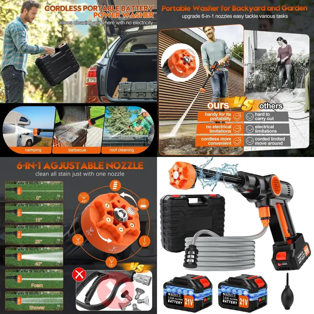 

Аккумуляторная ручная мойка для автомобилей с насадкой 6-в-1 и сливным шлангом 17T, идеально подходит для чистки автомобилей, патио, полов и террас