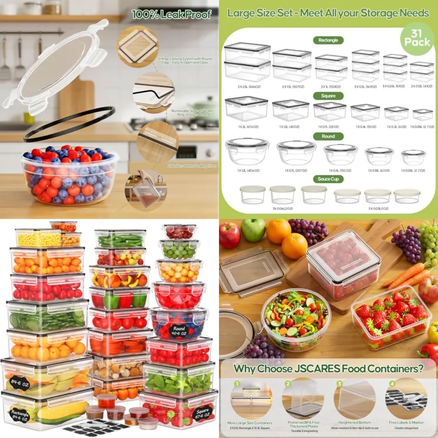 

62 PCS Large Food Storage Containers with Lids Airtight 31 Lids and 31 Containers - 85 OZ Reusable Plastic Leakproof Meal-Prep