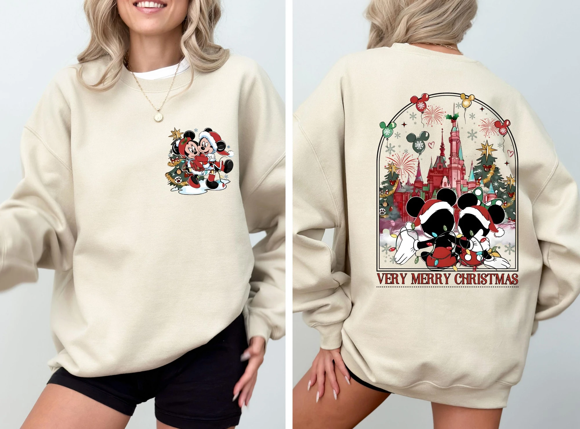 

Disneyland Castle Mickey and Minnie's Christmas Printed Short Sleeved T-shirt for Joyful Parties, Couple's Christmas Sportswear