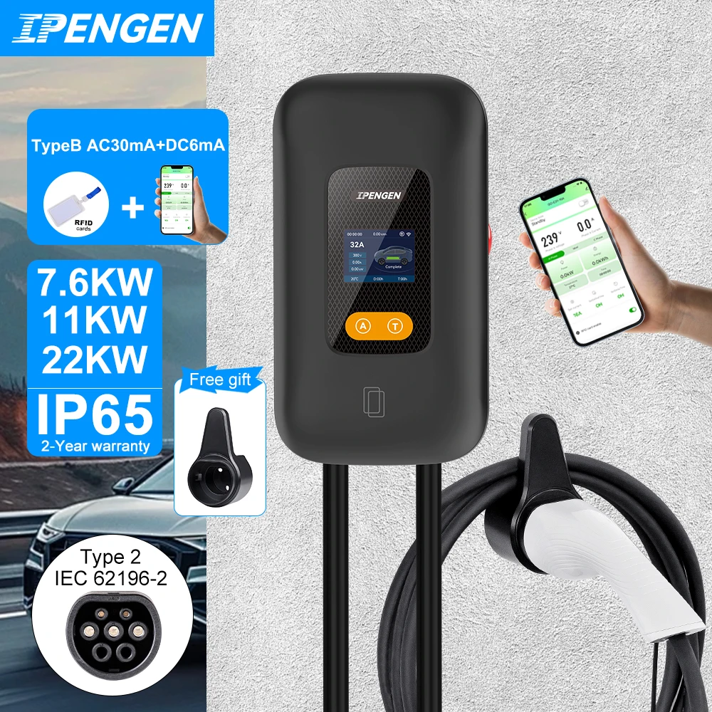 IPENGEN Type2 EV Charger 32A 7.6KW Charging Station Car Charger 11KW 22KW 3Phase EVSE Wallbox 2.76inch Screen Smart APP Control