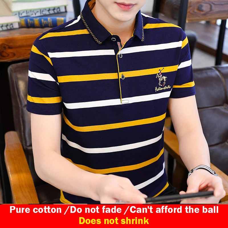 

Men's short-sleeved t-shirt pure cotton casual lapel striped polo shirt summer new style Paul top clothes men's clothing