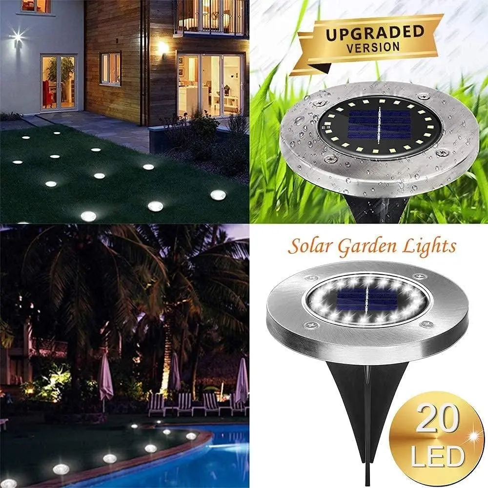 Solar LED Ground Lights 20 LED Outdoor Disk in-Ground Garden Light Set Waterproof Bright Landscape Lighting for Yard Patio