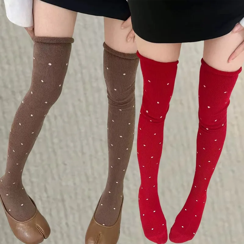 Women 52cm Polka Dot Thigh High Socks Soft Wool Over-the-knee Long Socks Slimming Warm Winter Ladies Stockings Daily Wear
