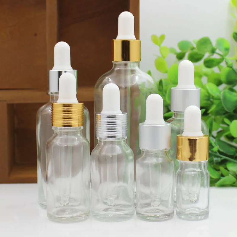 

5/10/15/20/30/50/100ml Clear Empty Essential Oil Bottle White Rubber Head Dropper Silver Thread Cap Glass Portable Container