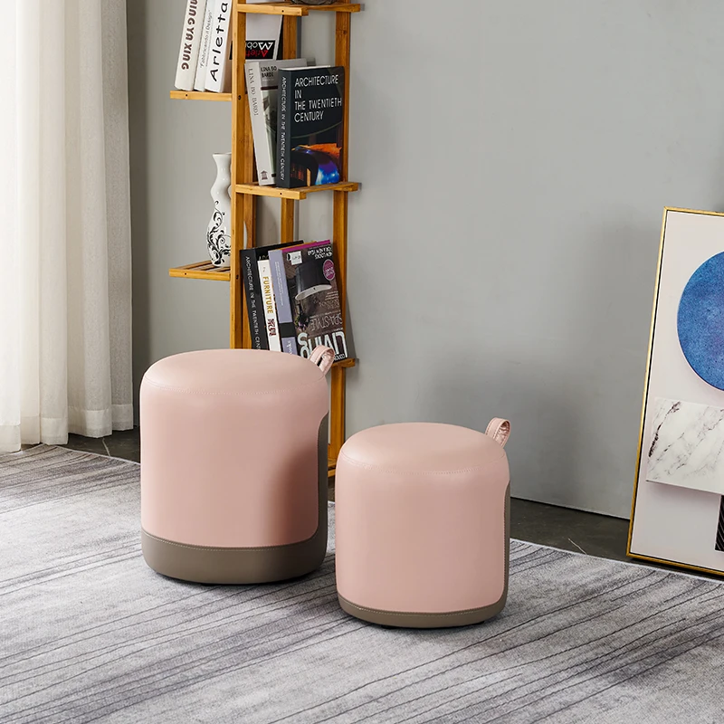 Leather Stools Household Shoe Changing Circular Ottomans Creative Footstool Coffee Table Stools Leather Pier Sofa Low Stools
