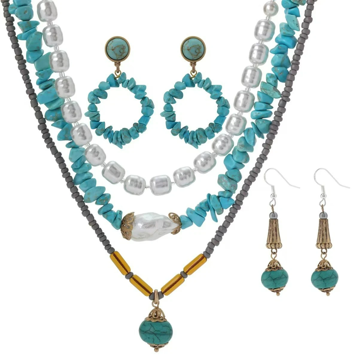 Heavy Industry Natural Turquoise Stones Multi Strand Glass Special-shaped Pearl Necklace Women Fashion High-end Jewelry Set