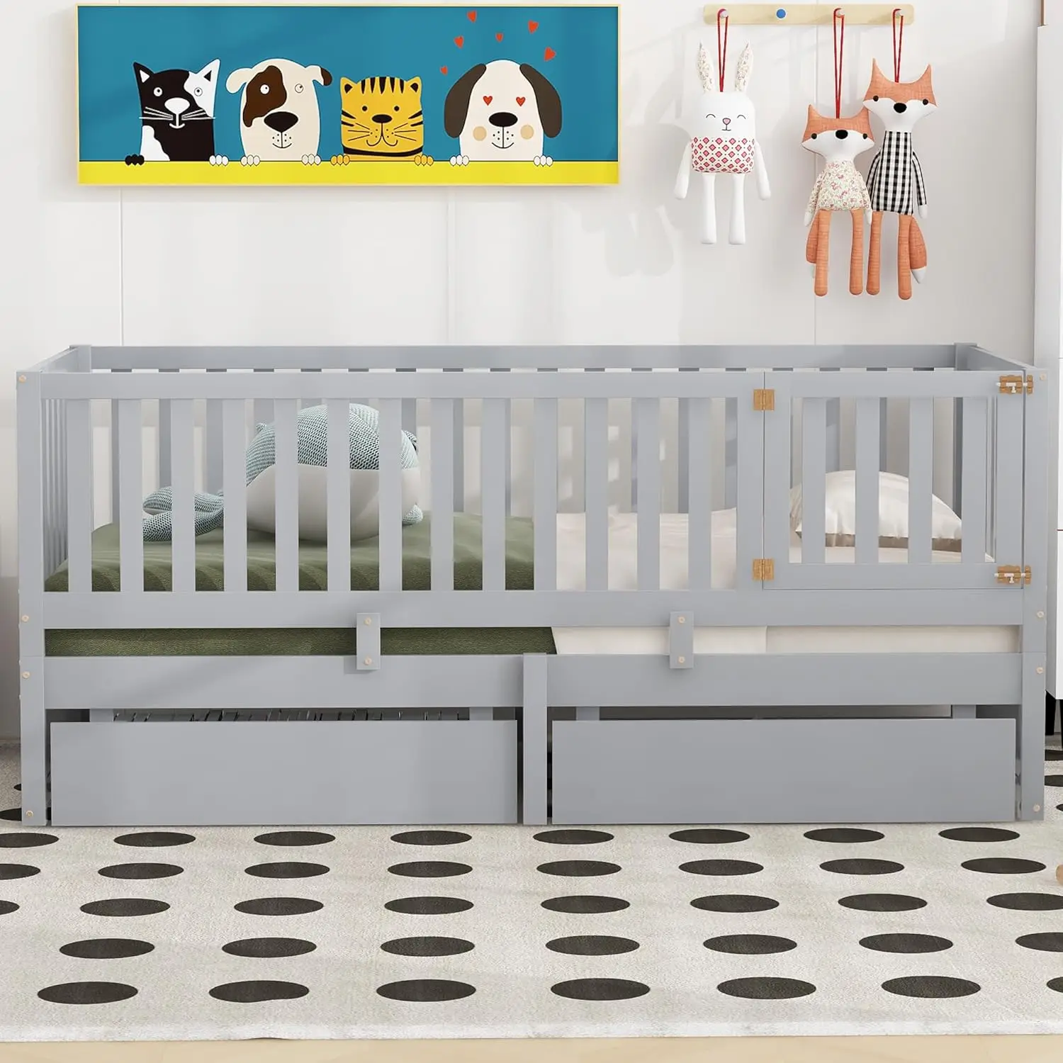 Harper & Bright Designs Twin Size Wood Daybed Bed Frame for Boys Girls Kids Adults Toddler with Fence Guardrails and 2 Drawers,