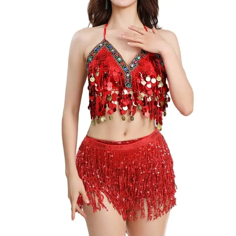 39BD Zweiteiliges Bauchtanz-Outfit für Damen, Pailletten-Fransen-Bauchtanzrock und Top-Set – Detail 10