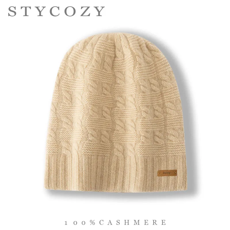 100%Cashmere Cable Knit Beanie Unisex Solid Color Ribbed Cuff Winter Hat Soft Leather Label Minimalist Daily Outdoor Skull Cap