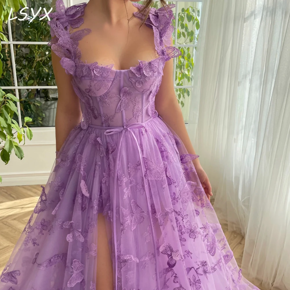 LSYX Spaghetti Straps Flower Evening Gown For women 2023 Lace Appliques Split A Line Backless Simple Prom Dress Robes De Soiree