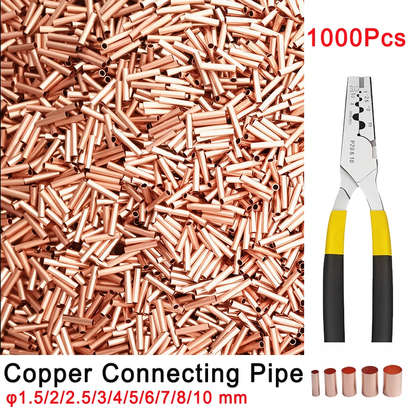 1000Pcs Copper Tube Terminal Cable Lug Crimp Connection Set Red Copper Small Tube Electrical Wire Connector Kit Pipe Wire Joint