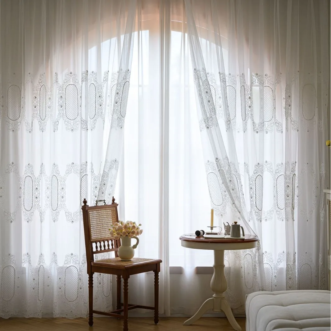 French Baroque Heavy Industry Embroidery Bead Screen White Window Screen Lace Embroidery Window Screen Bedroom Living Room