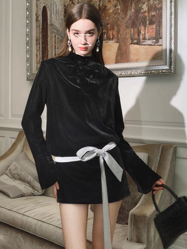 

Женское платье Ele с высоким воротником, свободного кроя, с бархатной лентой и узлом, весна-осень, стройнящее