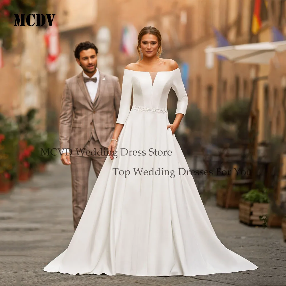 

MCDV Vintage Wedding Dress Bridal Off Shoulder Applique 3/4 Sleeve A-Line Simple Bride Gowns vestido de novia boda Customized