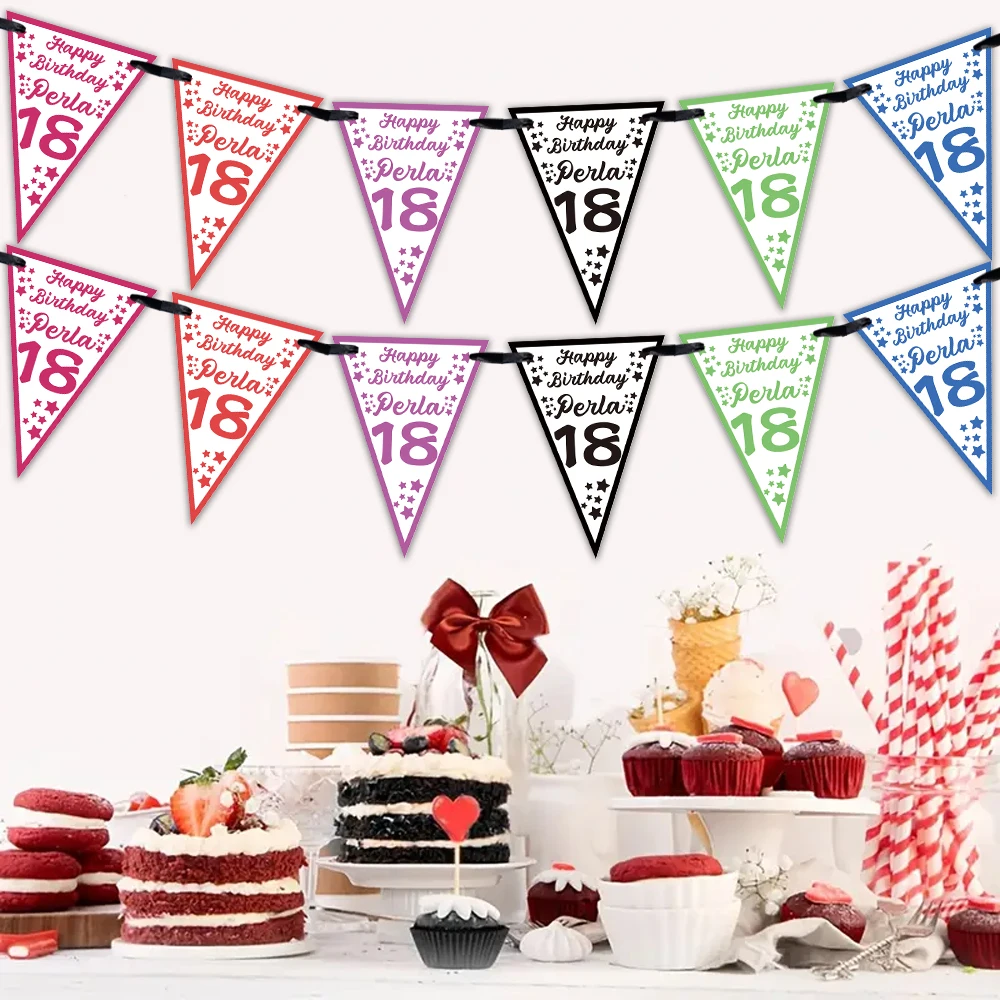 12pcs Customizable Birthday Banner Party Decorations, Personalized Name & Age, Romantic Hanging Flags, Multiple Colors,5m Ribbon
