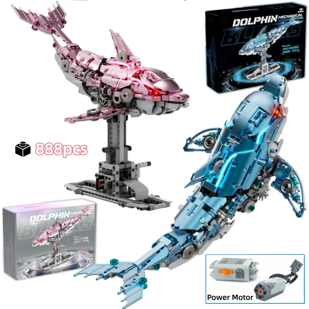 Modelo de golfinho interativo, brinquedos de construção, 888 peças, luz motorizada, rosa, azul, sistema de ligação moc, exibição de mesa, coleção de presentes