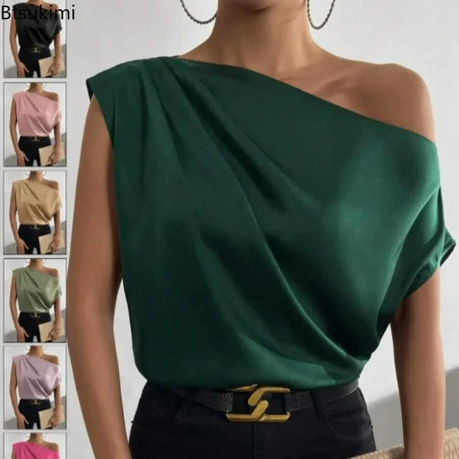 2024 Women\'s Freeacy Collar One-Shoulder Asymmetric Loose Satin Blouses Shirts Tanks Ladies\' Spring Summer Elegant Shirt Tops