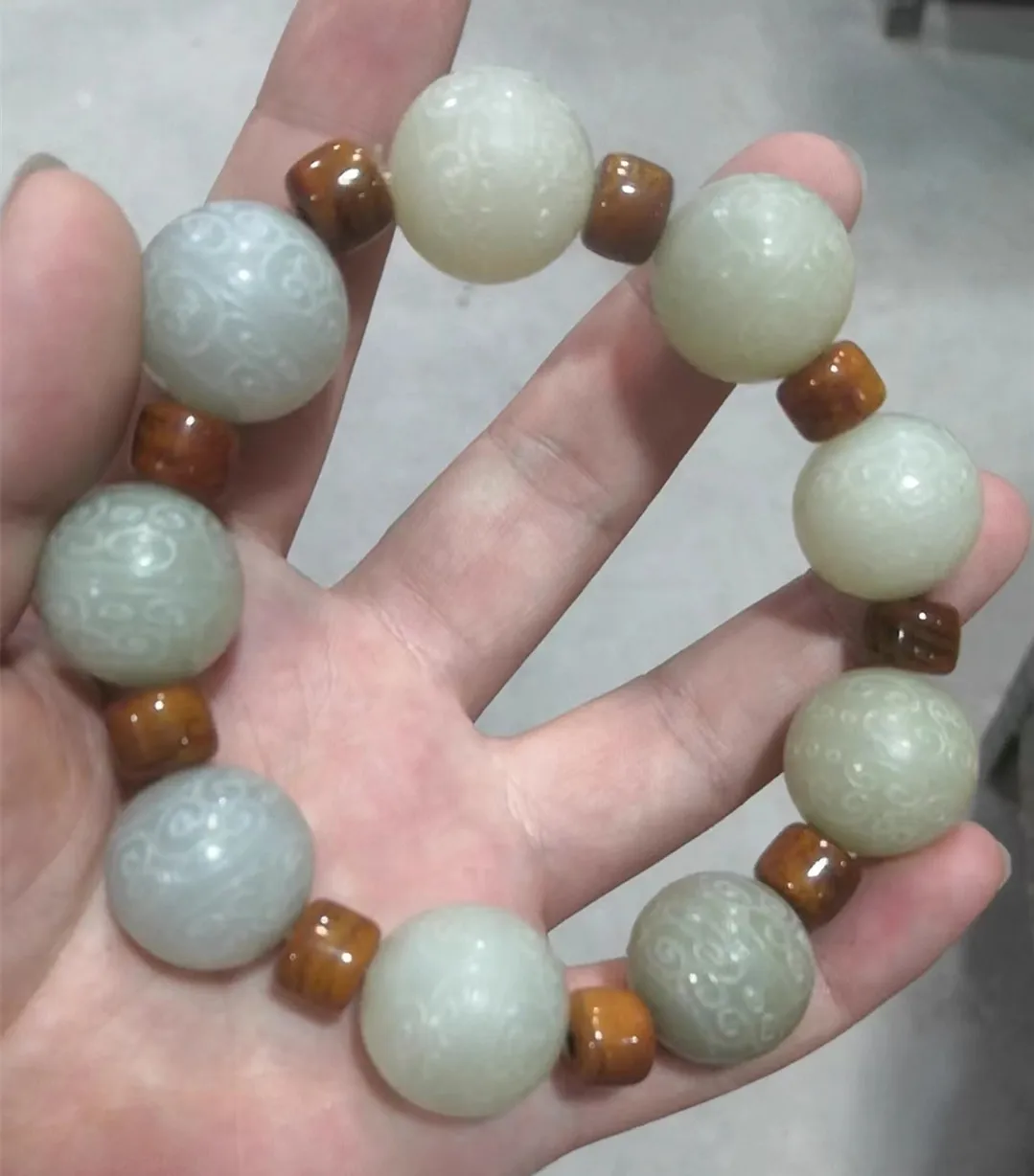 Natural Hotan jade Round bead Bracelet Silky Carved Bracelet Collection precious accessories gem jewelry Add certificate