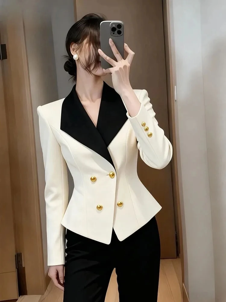 秋春 2026 新しいシックなカジュアルプロフェッショナルブレザー女性のアウターファッションスリムブラックホワイトステッチスリムスーツトップス