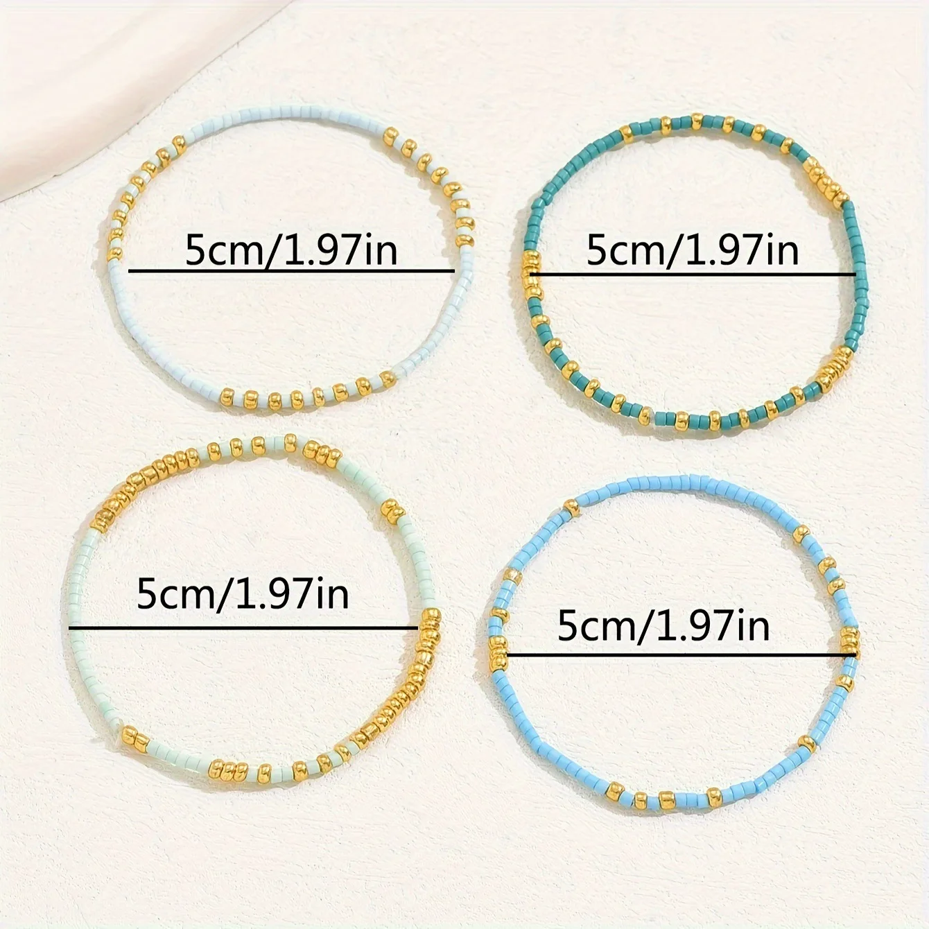 4 PCS Turquoise Color Seedbeads Stretch Bracelet Set Bohemia Style Gold Color Glassbeads Elastic Handmade Girls Vacation Jewelry