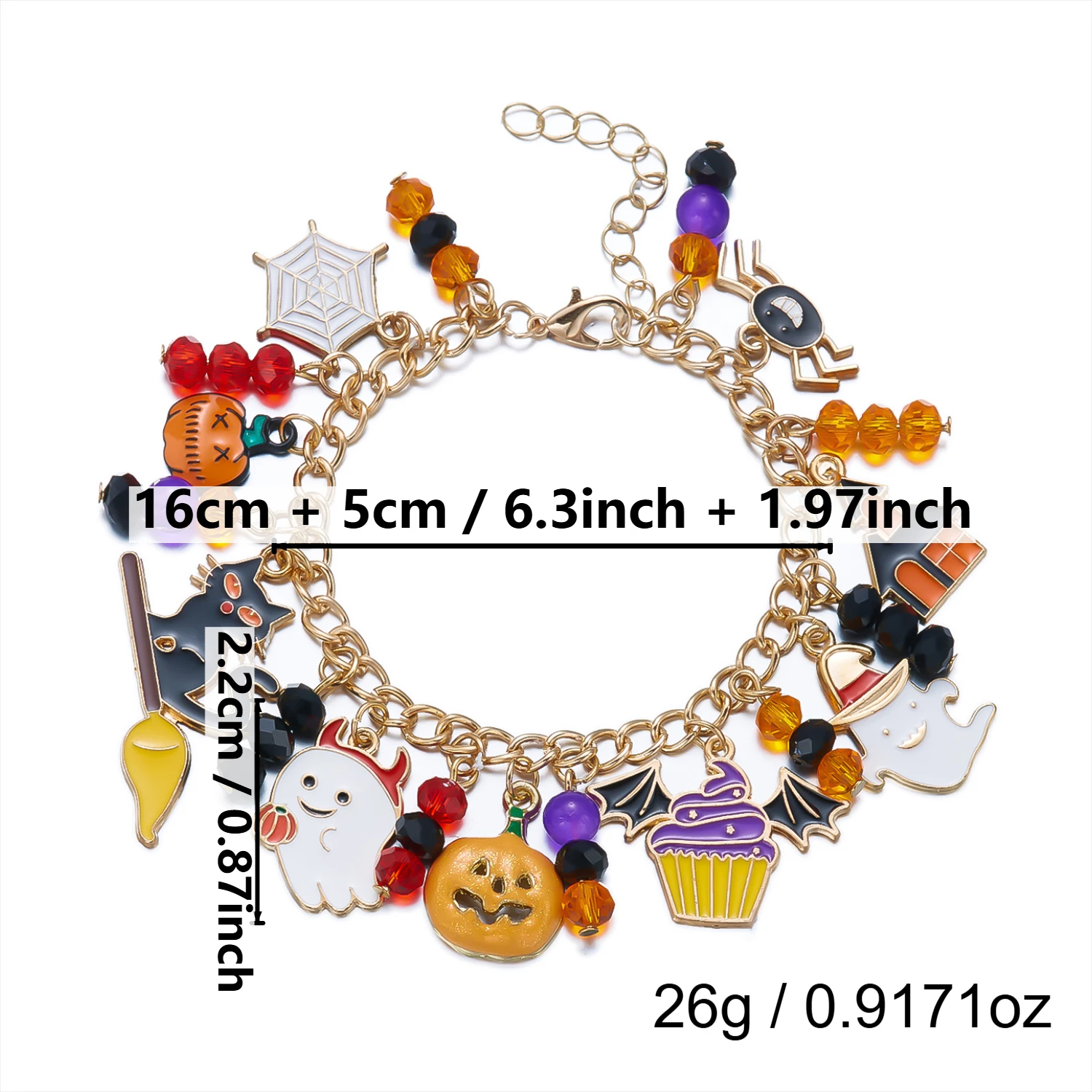 Halloween Multi-Element Kürbis-Geist-Anhänger Armband für Damen und Herren, Schwarze Katze Totenkopf Metallketten-Armband, Festival Schmuck Geschenk – Detail 8