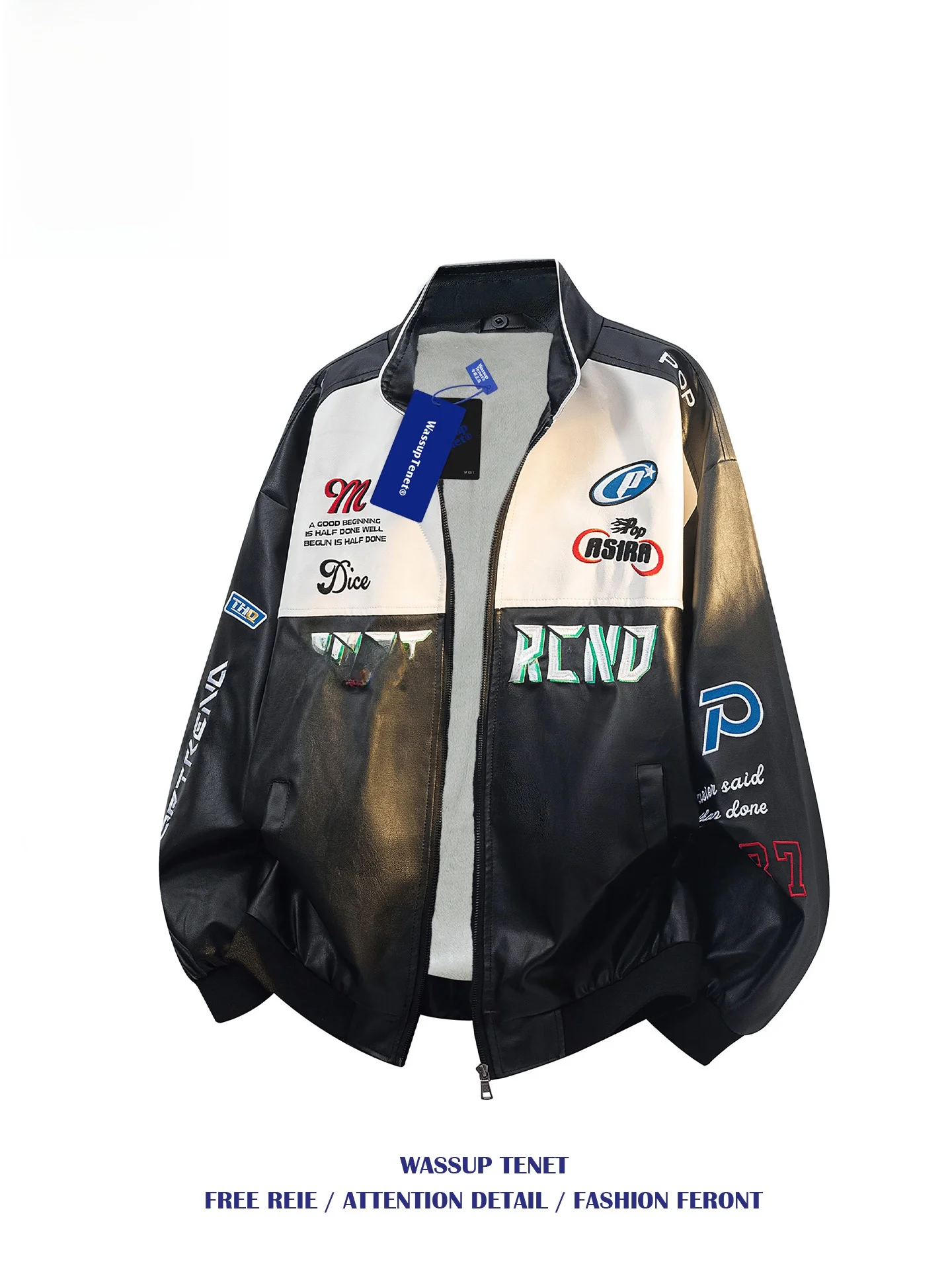 

Wassup Tenet Men's Biker Jaet Fce Lined PU Leather Embroidered Lettering Warm Outerwear Casual Sle Zipper Closure