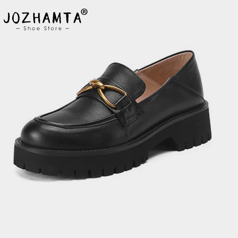 JOZHAMTA Size 34-43 Real Leather Loafers Pumps For Women 2025 Spring Chain Platform Chunky Mid Heels Shoes Vintage Work Office