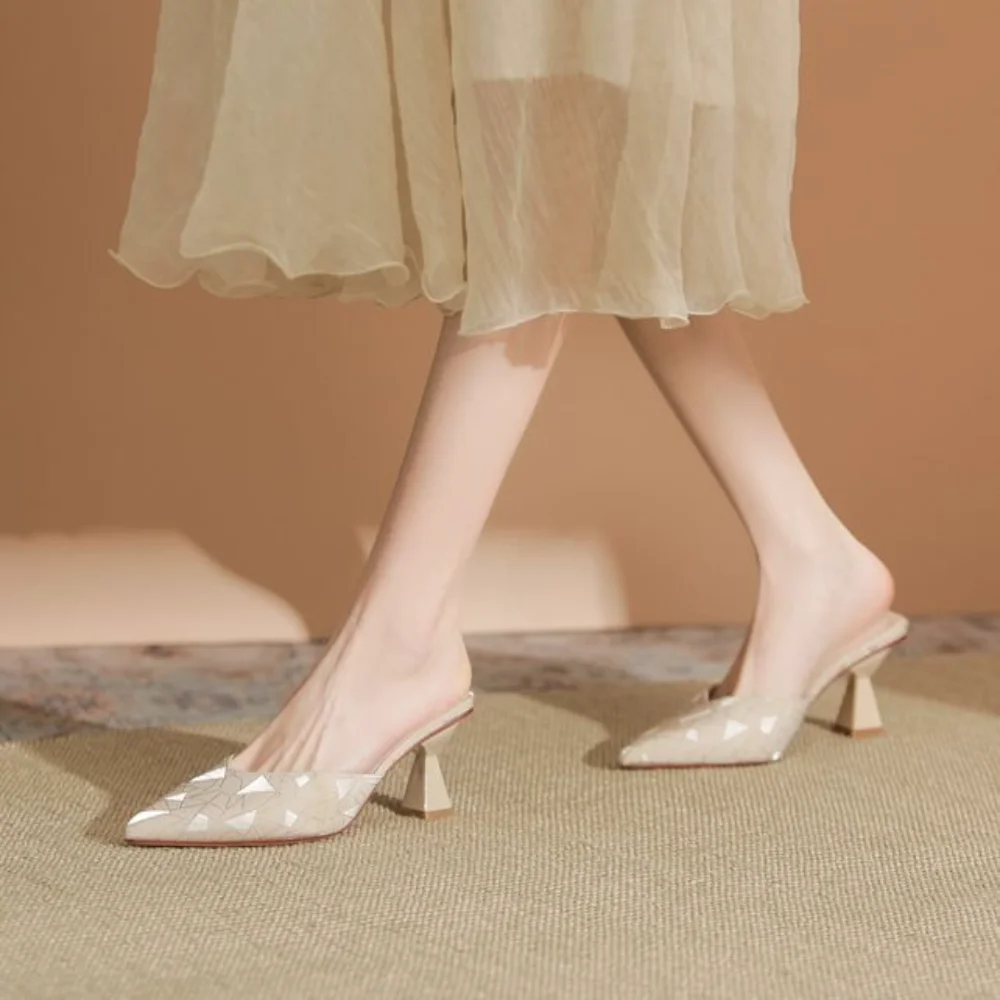 

Light Beige Sequin Pointed Toe Mules with Cone Heel Slip-on Heeled Sandals for Occasions