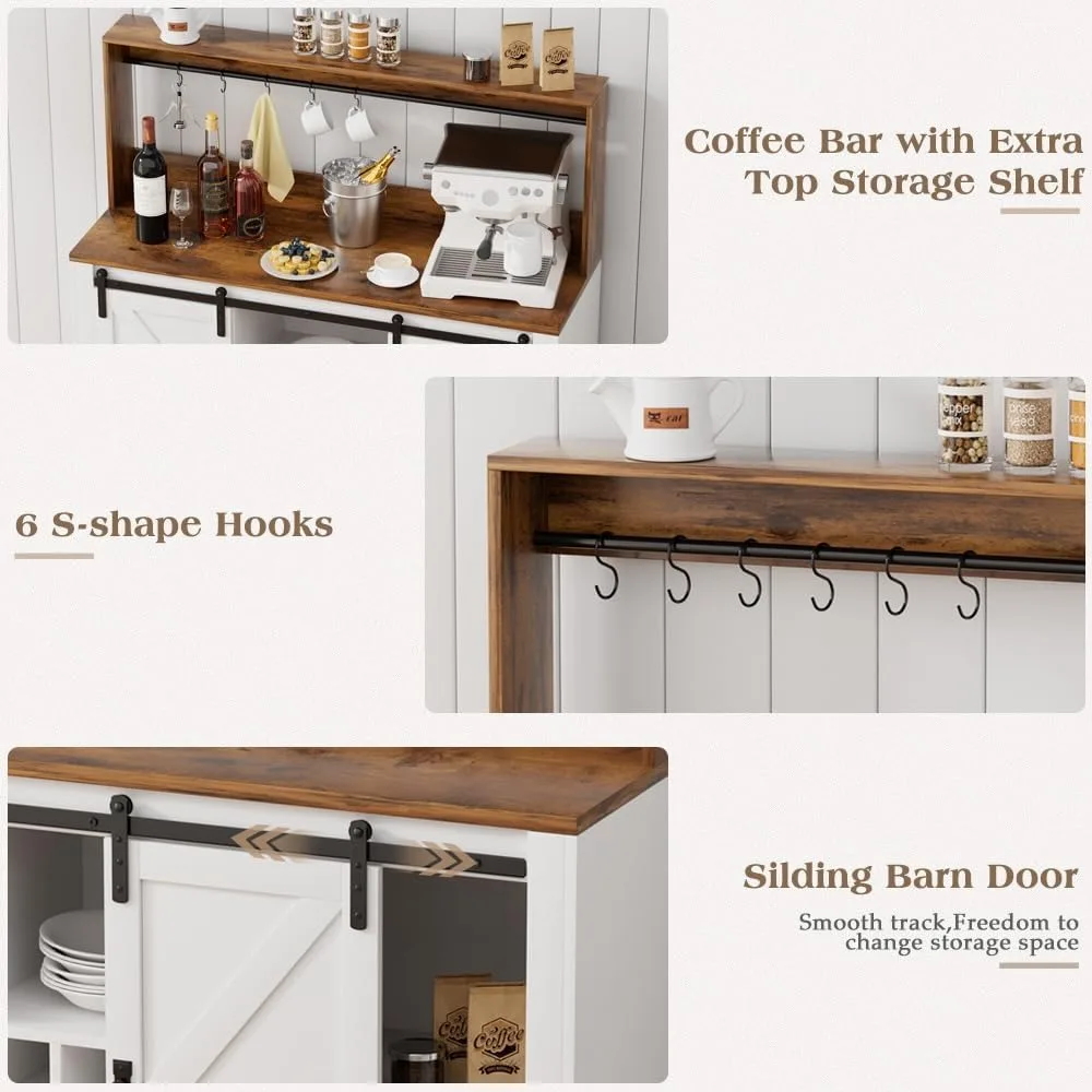 47" Farmhouse Sideboard Buffet Cabinet with Sliding Barn Door, Wine Rack & 6 Hooks, Wine Bar Cabinet for Home Dining