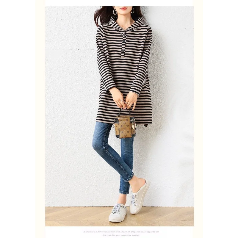 Mode gestreept sweatshirt met capuchon Dames 2025, nieuwe herfsttemperament, slanke halflange top