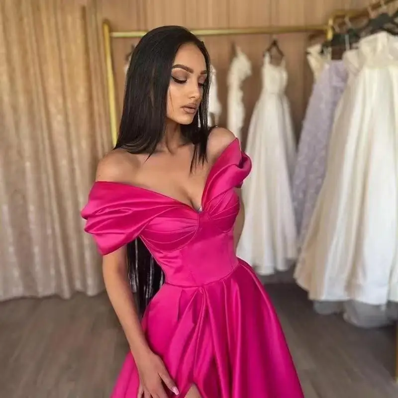 Customizd Elegant Pleat Prom Gown Satin Side Slit Evening Dress Off Shoulder Party Prom Dress For Women Robes De Soirée