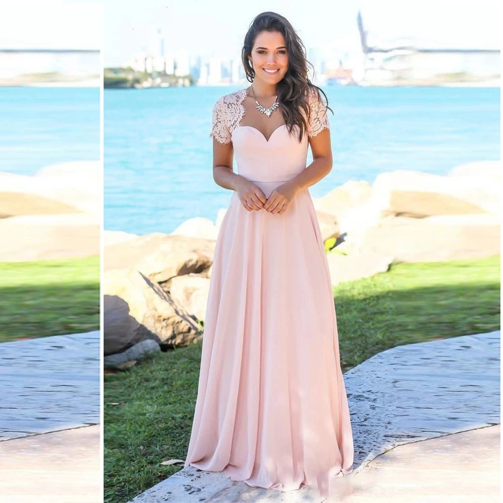 

Angelsbridep Elegant Lace Cap Sleeves Backless Chiffon Women Formal Evening Dresses A-Line Long Prom Gowns Robes De Soirée
