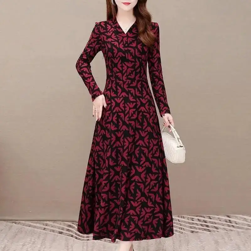 2023 Women's V-neck New Autumn and Winter Printing Patchwork Pockets Long Sleeved Zipper Slimming Loose Slim Pullover Dress